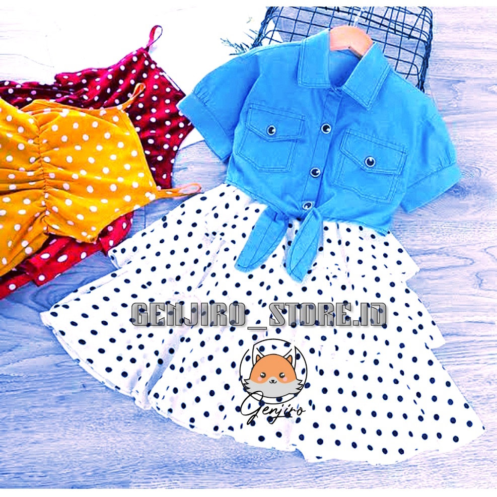 GENJIRO STORE.ID/PAKAIAN ANAK PEREMPUAN/DRESS ANAK PEREMPUAN/DRESS DAN ROMPI DENIM/DRESS POLKADOT SINGLET + ROMPI DENIM/UNTUK USIA 6 BULAN-5 TAHUN/BISA COD