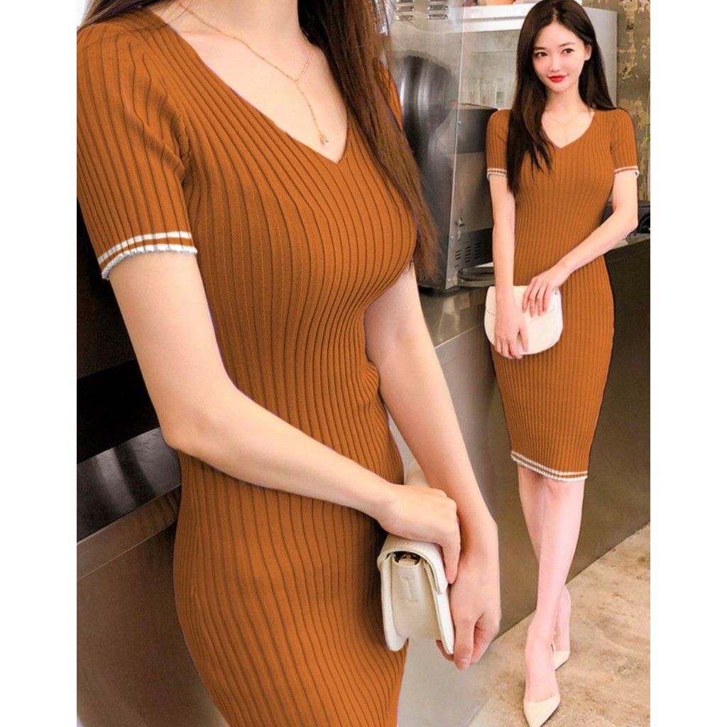 HOPYLOVY - Dress Wanita Korean Style Bodycone Kerah V list Putih Shaza