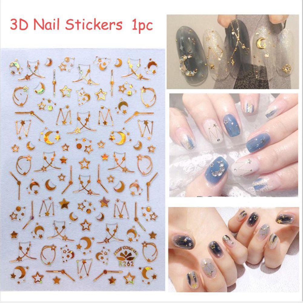 Solighter 3D Stiker Kuku Hot Nail Art Dekorasi Dewa Perak Metalik Bulan Bintang