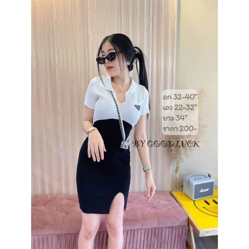 [Import BKK] Two-tone  Mini slit Dress V-neck Korean Style dress rajut mini bodycon ketat dress sexy wanita-1