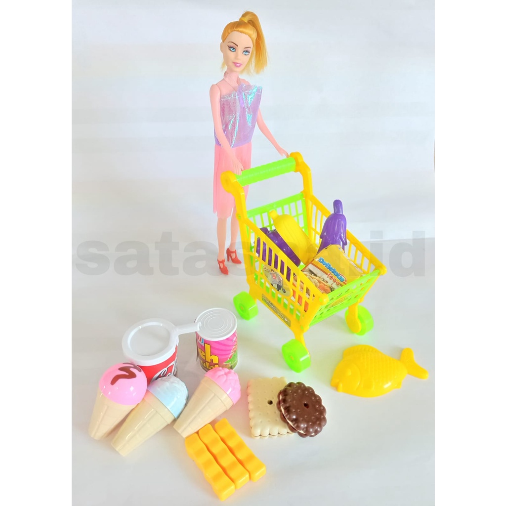 Mainan Anak Keranjang Belanja dan Boneka Berbie Fun Shopping Cart FB801
