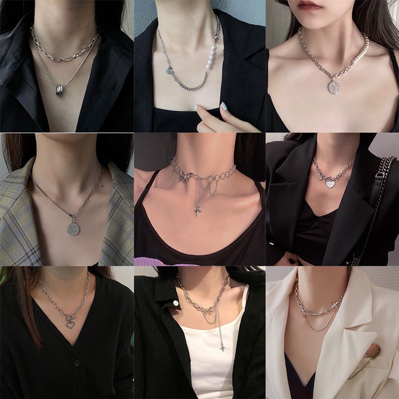 Fashion Wanita Baja Titanium Kalung Versi Korea Retro Manis Keren Hip Hop Kupu-kupu Cinta Liontin Kalung