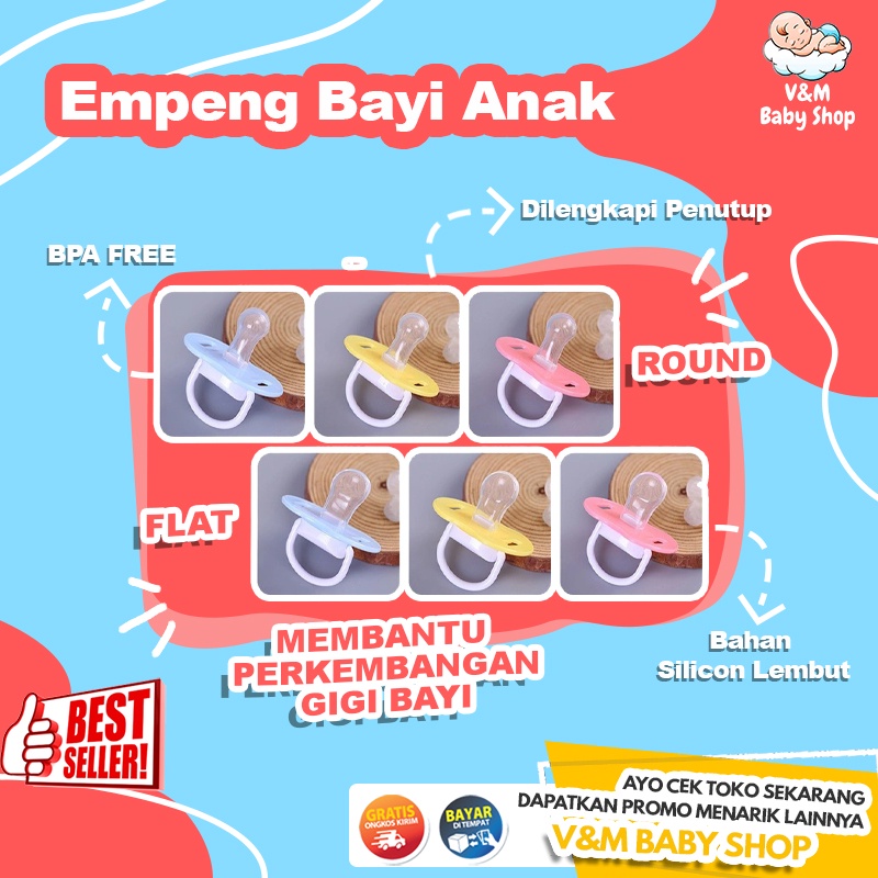 VnM015 | Empeng Bayi Anak / Empeng Dot Bayi Bulat Gepeng Dengan Tutup &amp; Pegangan / Perlengkapan Bayi