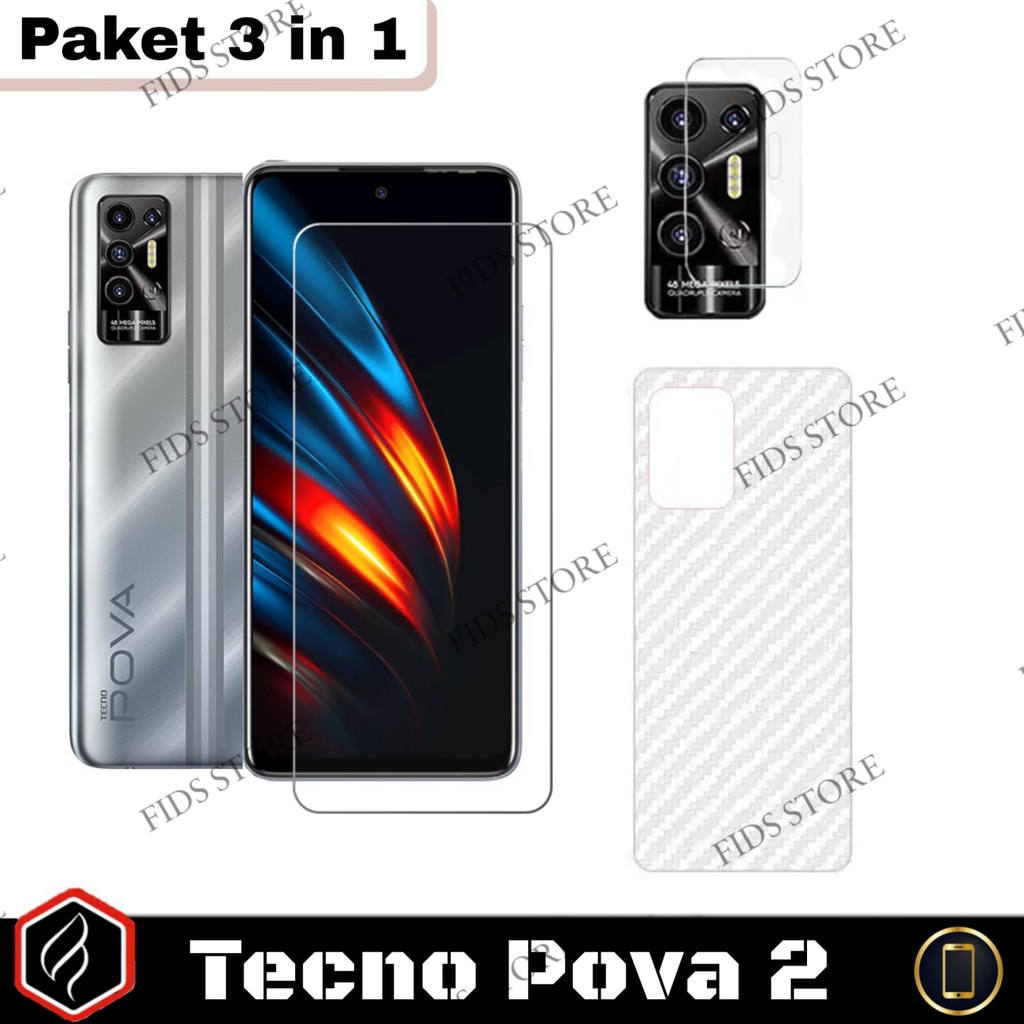 [PAKET HEMAT] 3in1 Tecno Pova 2 Tempered Glass Anti Gores Layar Free TG Camera &amp; Garskin Carbon Paket 3 in 1 POVA 2