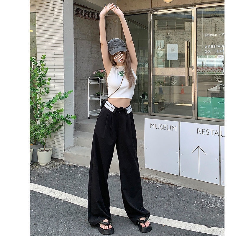 BAOHUAN ~ Korea Hong Kong Abu-abu flanging sesuai dengan lebar kaki celana wanita musim panas pinggang tinggi ruangan mengepel celana kasual celana