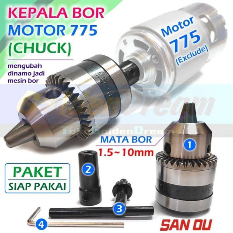 Kepala Bor Chuck Motor 775 Mata 1.5-10mm Connector Mesin Drill