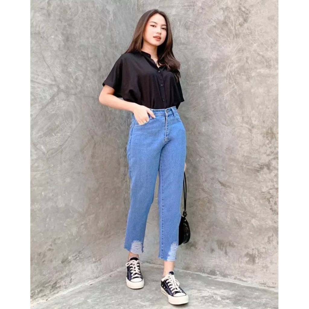 ASEA Boyfriend Ripped Jeans Pants / Celana Baggy Sobek Jeans Tebal