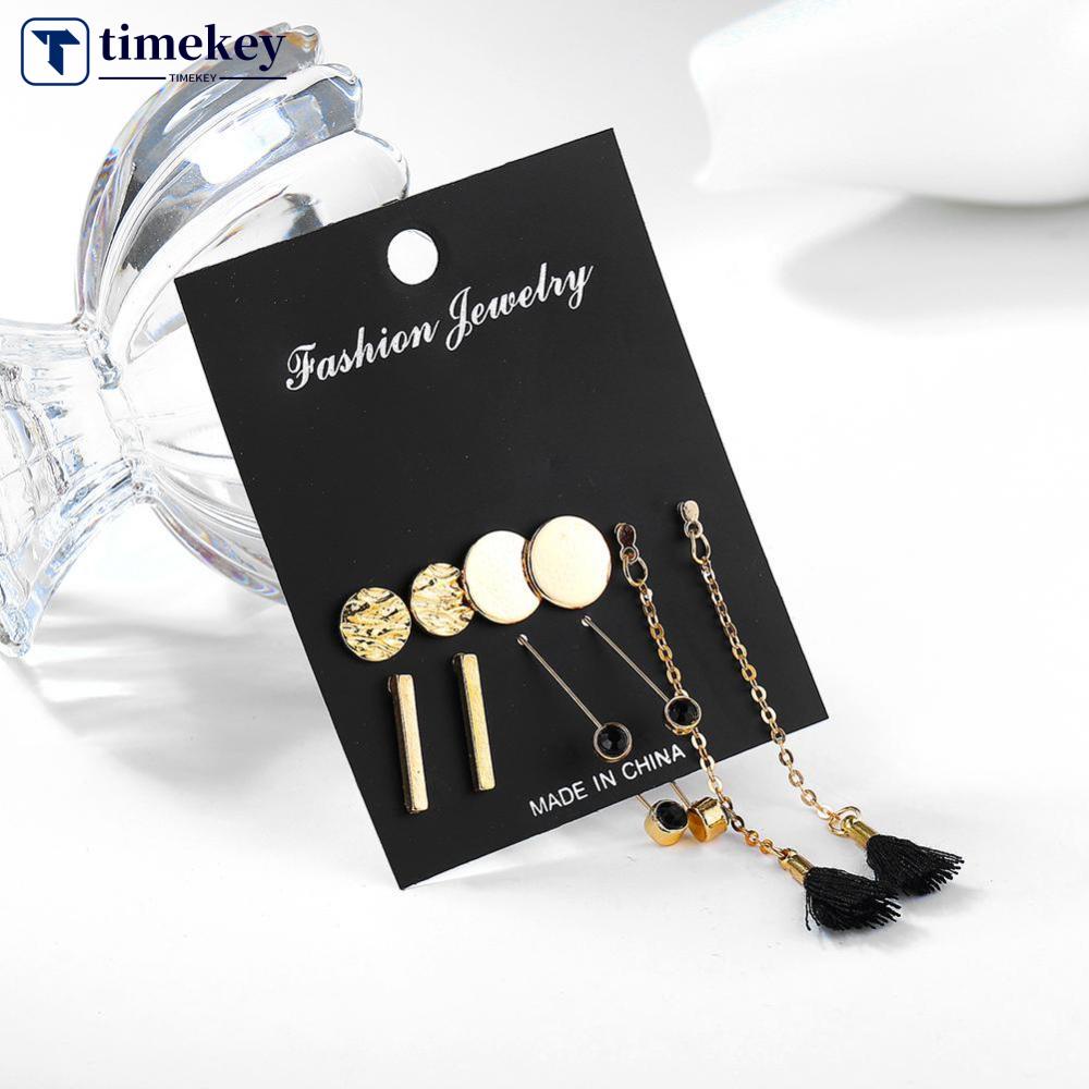 Timekey 5 Pasang / Set Anting Tusuk Gantung Wanita Desain Geometri + Rumbai Panjang Gaya Retro Untuk Hadiah A5K7