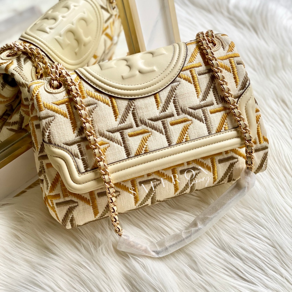 Tory Burch Fleming Soft Embroidered Convertible Shoulder Bag / Natural