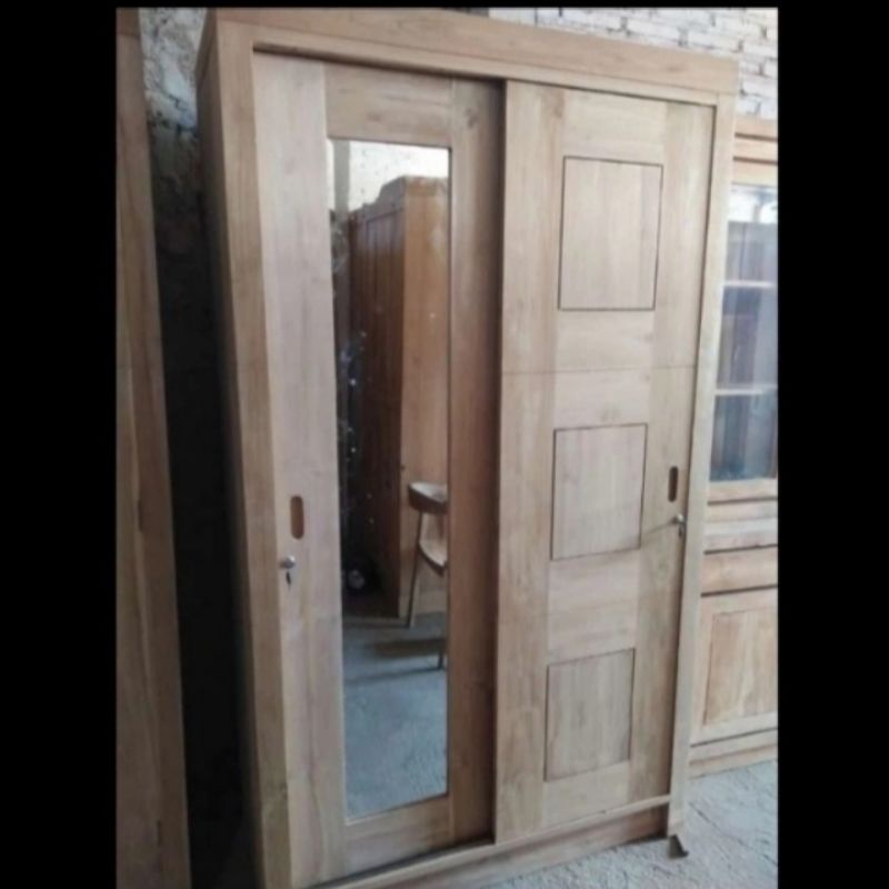 Lemari pakaian-baju pintu 2 sliding sleding kayu jati mentahan