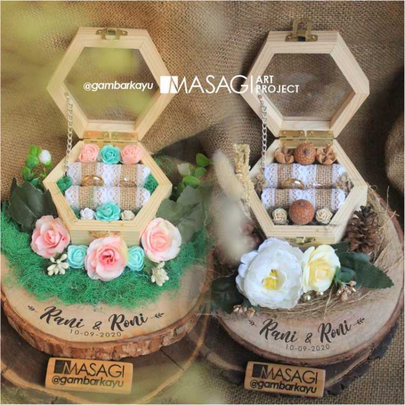 Hexa Acrylic Wooden Box With Wooden Slice Ring Bearer /ringbox /ring box / kotak cincin / wooden box