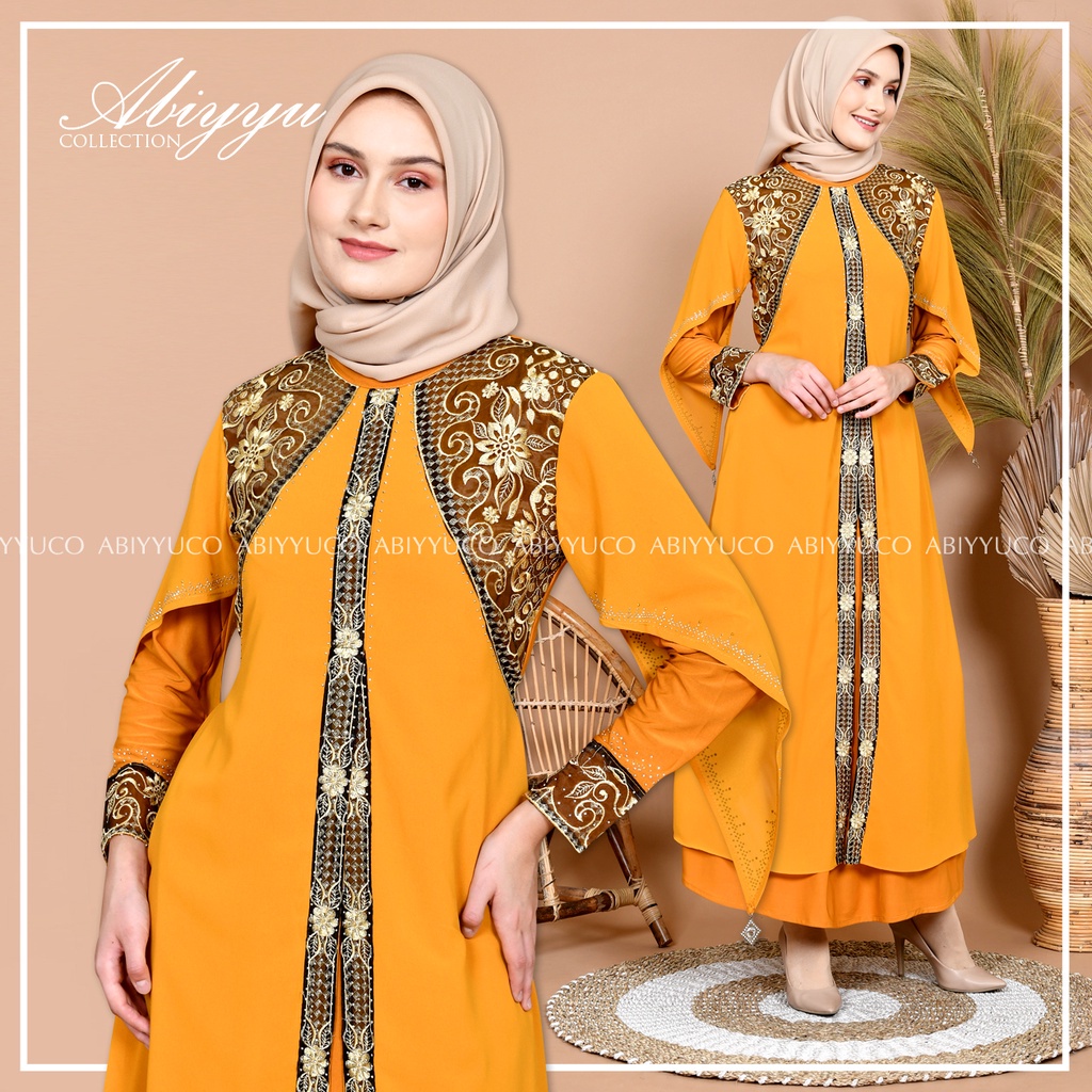 Abiyyuco TA9012 | Abaya Turkey / Abaya Turki / Abaya Hitam / Abaya Warna / Abaya Jersey mix Ceruty, dengan aplikasi bordir renda dan mote swarovsky, ready warna hitam, maroon, hijau botol, navy, coklat, biru toska, lemon, dan kuning kunyit