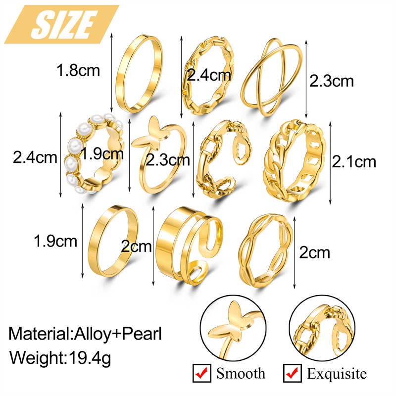 10pcs / Set Cincin Rantai Bentuk Kupu-Kupu Aksen Mutiara Untuk Wanita