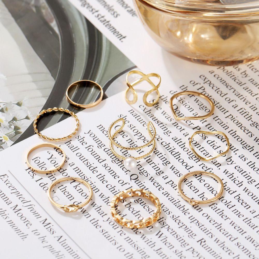 Lily 10pcs Cincin Set Pesta Fashion Emas Punk Tidak Teratur Wanita Gadis Rantai Lebar