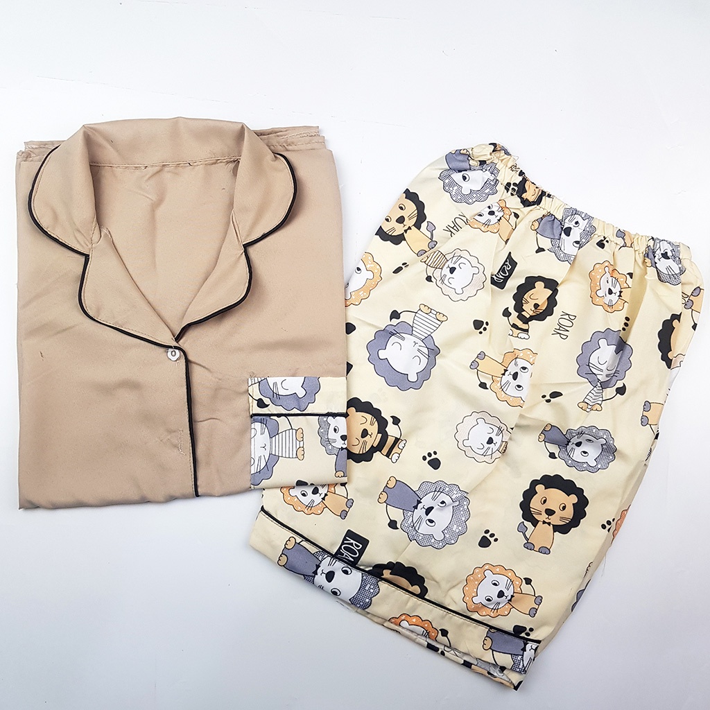 Setelan Piyama Dewasa Celana Pendek Lengan Pendek Hotpant All Size-HPL LION BEIGE COMBI