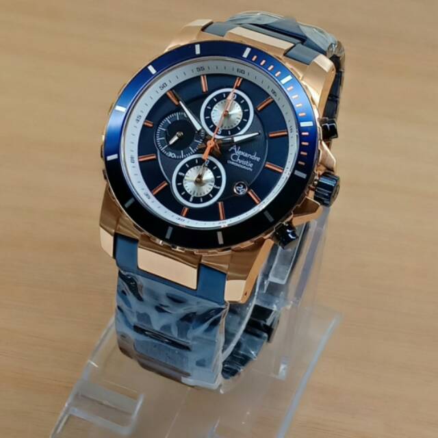Jam Tangan Pria, Alexandre Christie Rantai Biru Rosegold, AC6141 Original