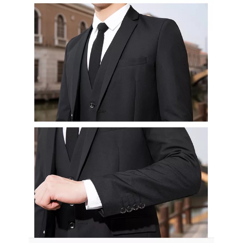 SETELAN JAS HITAM PRIA FORMAL KERJA KANTOR SLIMFIT 5IN1 BAHAN HIGH TWIST PREMIUM BLACK (S,M,L,XL)