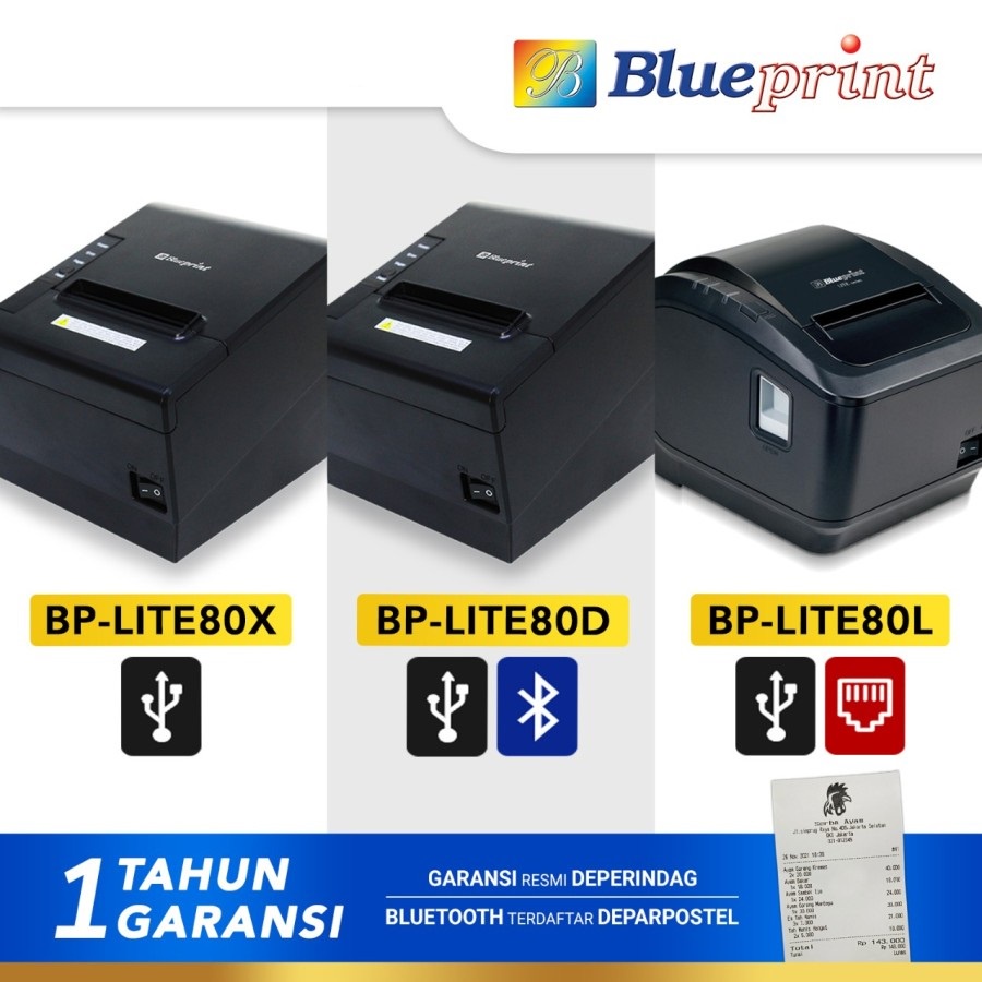 Blueprint Lite 80D Printer Kasir Thermal Struk Barcode Resi Online Shop (USB + Bluetooth + RJ11)