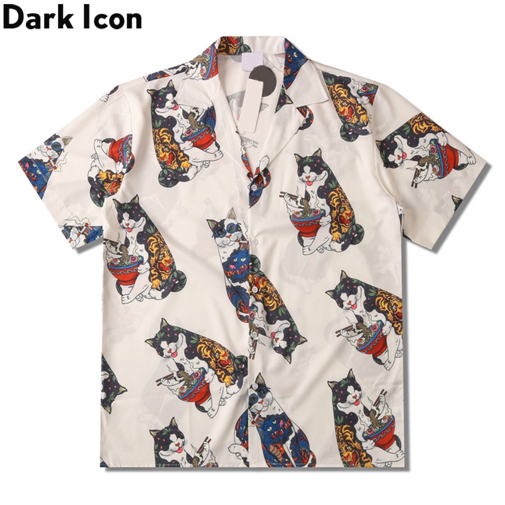 Dark Icon Harajuku Cat Polo Shirt Men Summer Men's Hawaiian Shirt Man Kemeja Pria Motif Lengan Pende