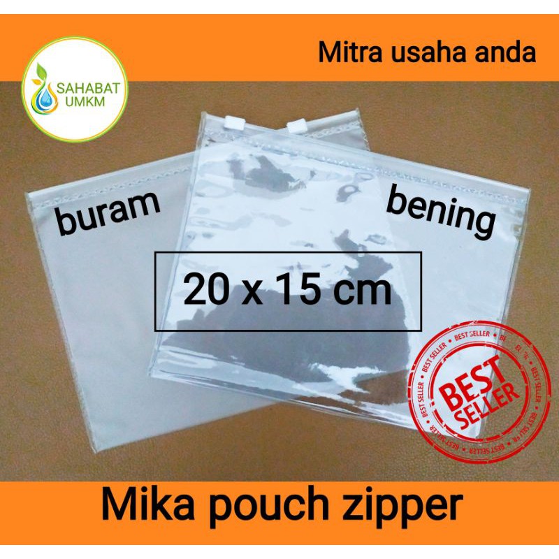 Tas/dompet/pouch plastik mika zipper putih bening/buram 20x15 cm
