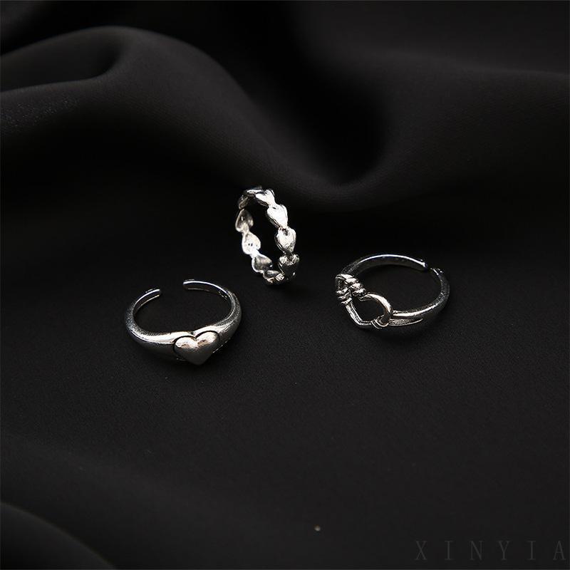 Xia.id 3PCS / Set Cincin Model Terbuka Bahan Metal Desain Hati Gaya Retro / Simple Kreatif Untuk Wanita