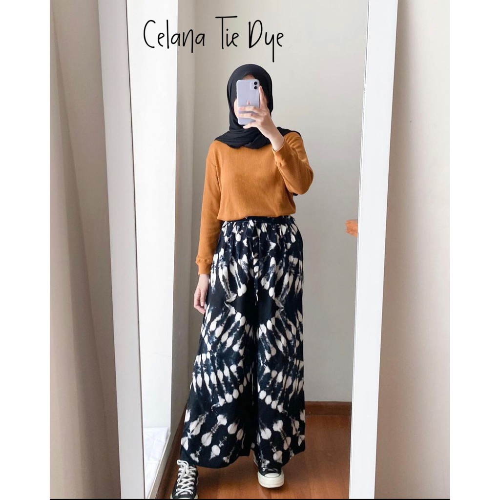 Celana Tie Dye Zigzag Hitam Kulot Rayon Shibori Batik Handmade Bawahan Batik Jumputan Kerja Modern