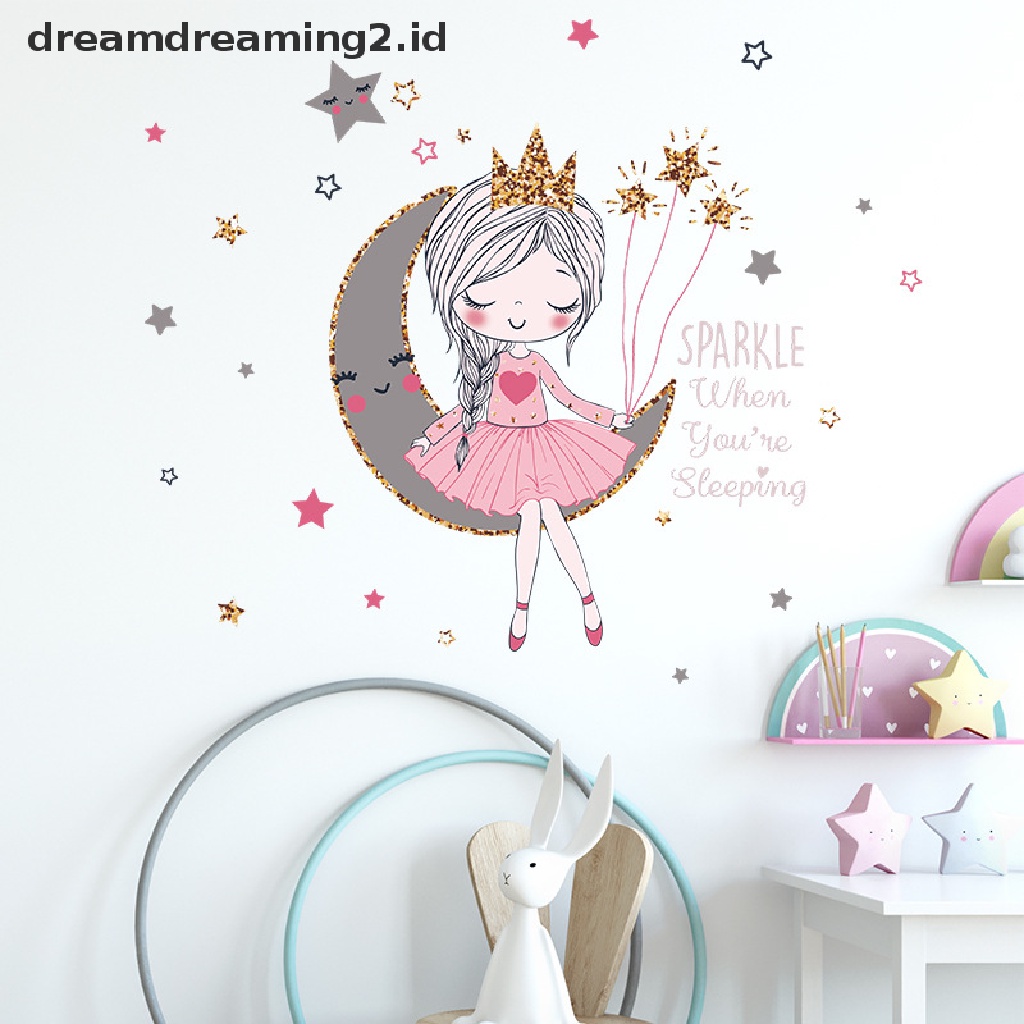 Stiker Dinding Dengan Bahan Mudah Dilepas Gambar Kartun Princess Di Bulan Untuk Dekorasi Kamar Anak