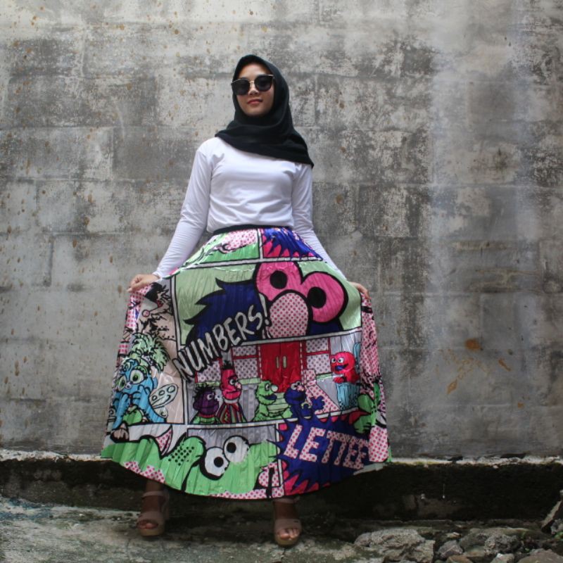 Rok Plisket Printing Import Motif ELMO Model Panjang dan tujuhpersembilan