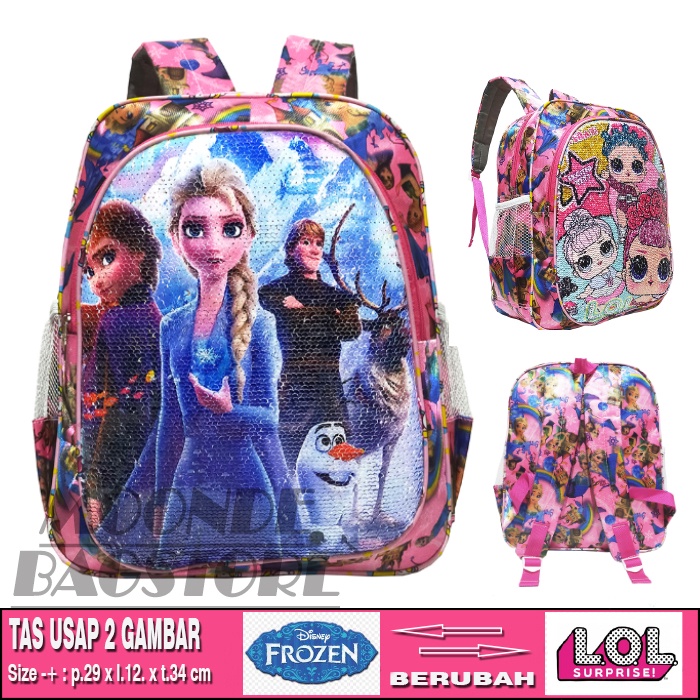 Tas ransel usap Sequin 2 gambar Anak sekolah SD karakter LOL UNICORN HELLO KITTY PONY FROZEN