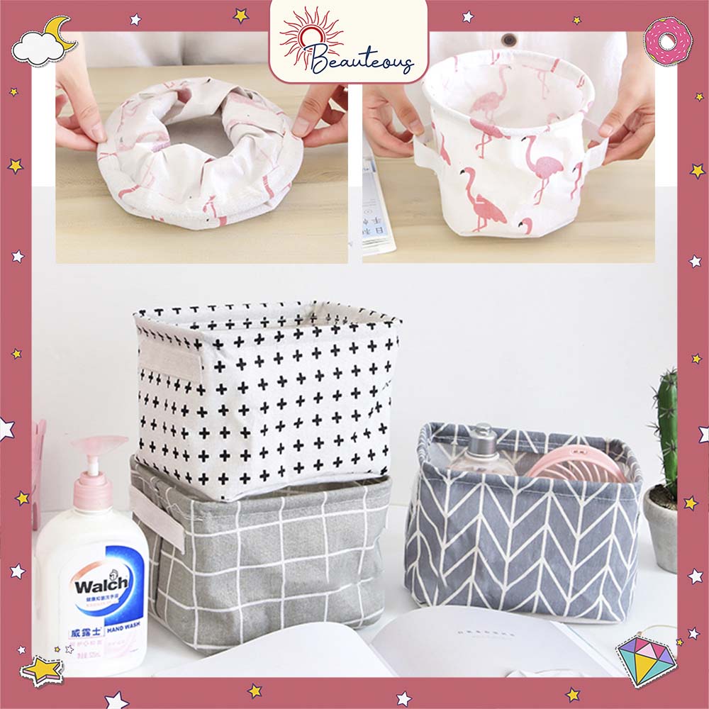 Keranjang Tempat Kosmetik Desktop Storage Multifungsi Organizer Box Kecil Lipat Motif Lucu