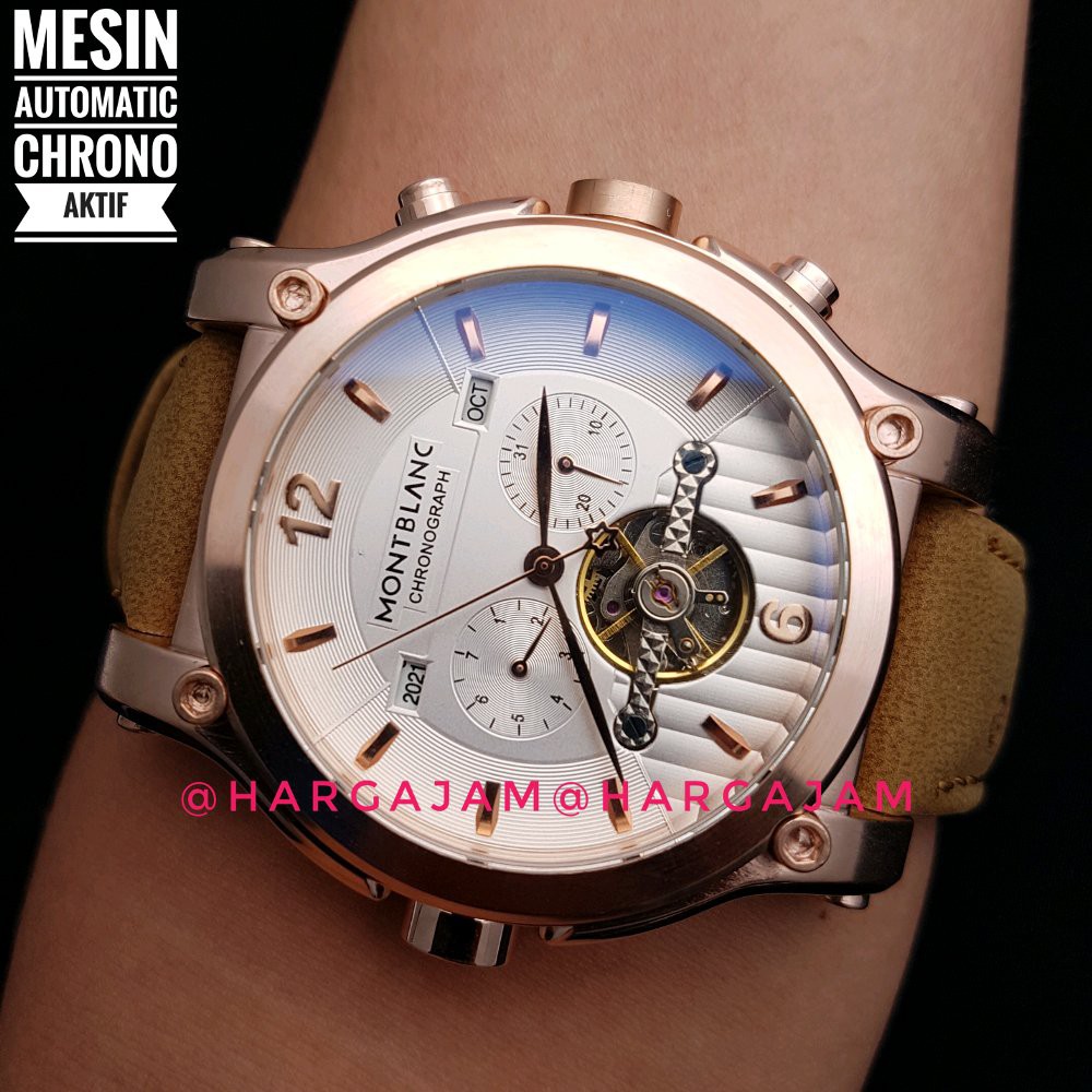 Jam Pria Automatic Montblanc Case Rosegold M2232 Leather Soft Brown - Kulit Coklat - jam matic - p