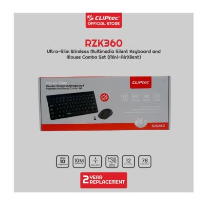 Keyboard mouse cliptec wireless usb 2.4ghz combo slim mini 78 keys optical 1600dpi 4d air xilent rzk-360 rzk360