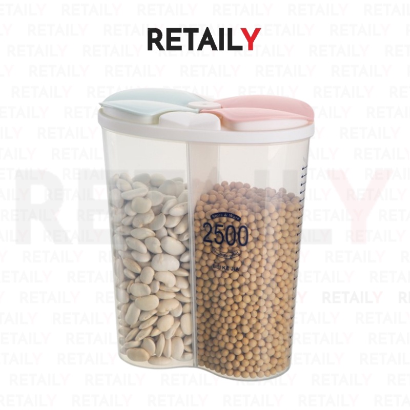 Retaily HL0225 Toples Dapur Double Slot 2 Sekat Plastik Transparan 2500 ML Tempat Penyimpanan Makanan