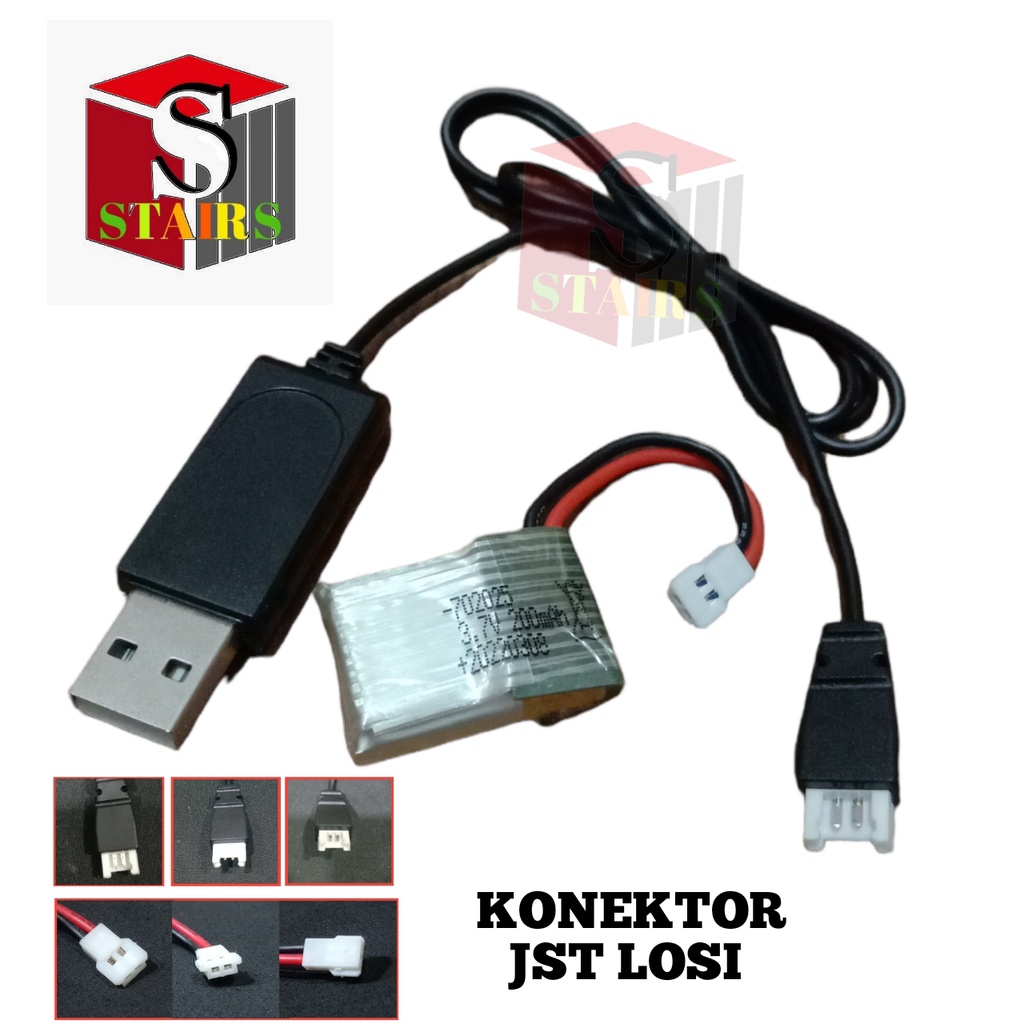 Paket Kabel USB + Baterai Remot Control DRONE LIPO 200mAh 3.7V Konektor JST LOSI