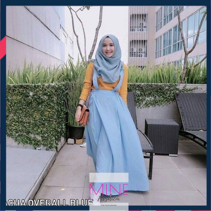 MINE FASHION ACHA OVERALL BLUE  plisket celana jumbo wanita set