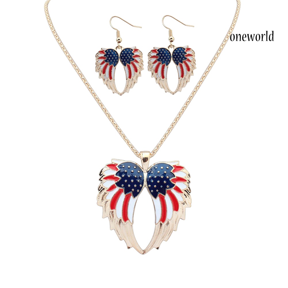 OW@ Independence Day USA Flag Patriotic Wings Women Necklace Earrings Jewelry Set