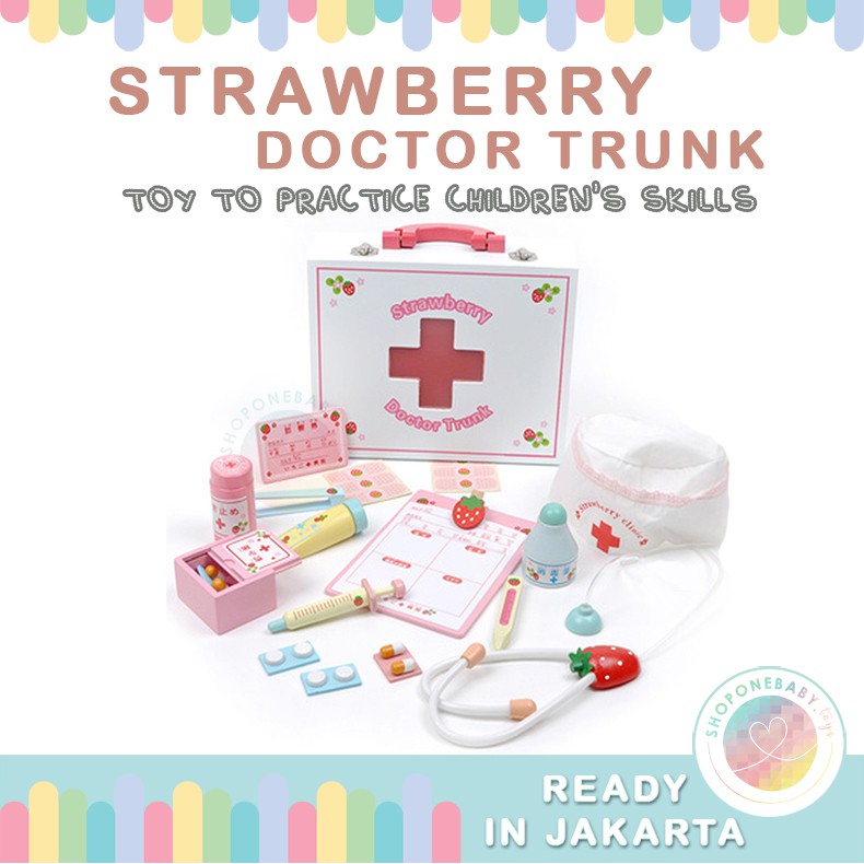 JKT Strawberry Doctor Trunk Set Kids Wooden EducationalToys Mainan Edukasi Anak Pretend Play Dokter