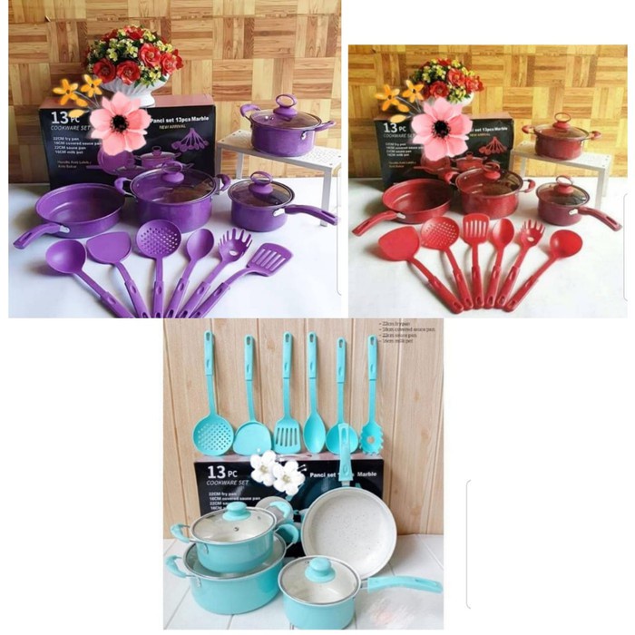 Panci Wajan Teflon Panci Set Anti Lengket 13 Pcs Tutup Kaca dan Spatula Memasak