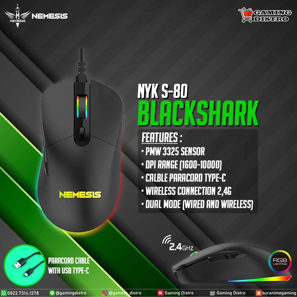 Mouse Gaming NYK Nemesis S-80 Black Shark RGB Wireless