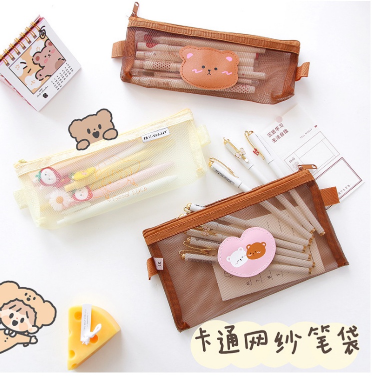 Dompet Pensil Tempat Pensil Lucu Tempat Makeup Cute Model Jaring Transparan Brown dan Multicolour Cute