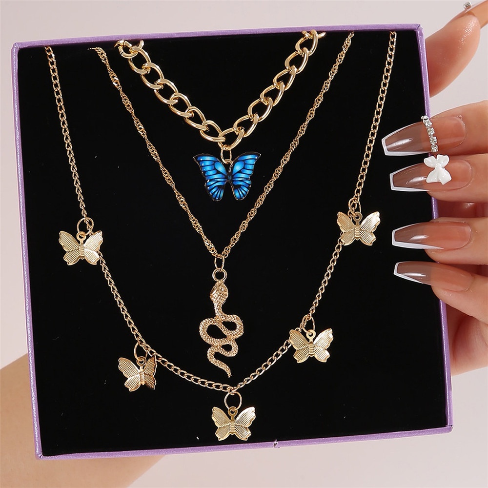 Set Kalung Choker Banyak Lapis Dengan Liontin Bintang Butterfly Snake Gaya Vintage Untuk Wanita