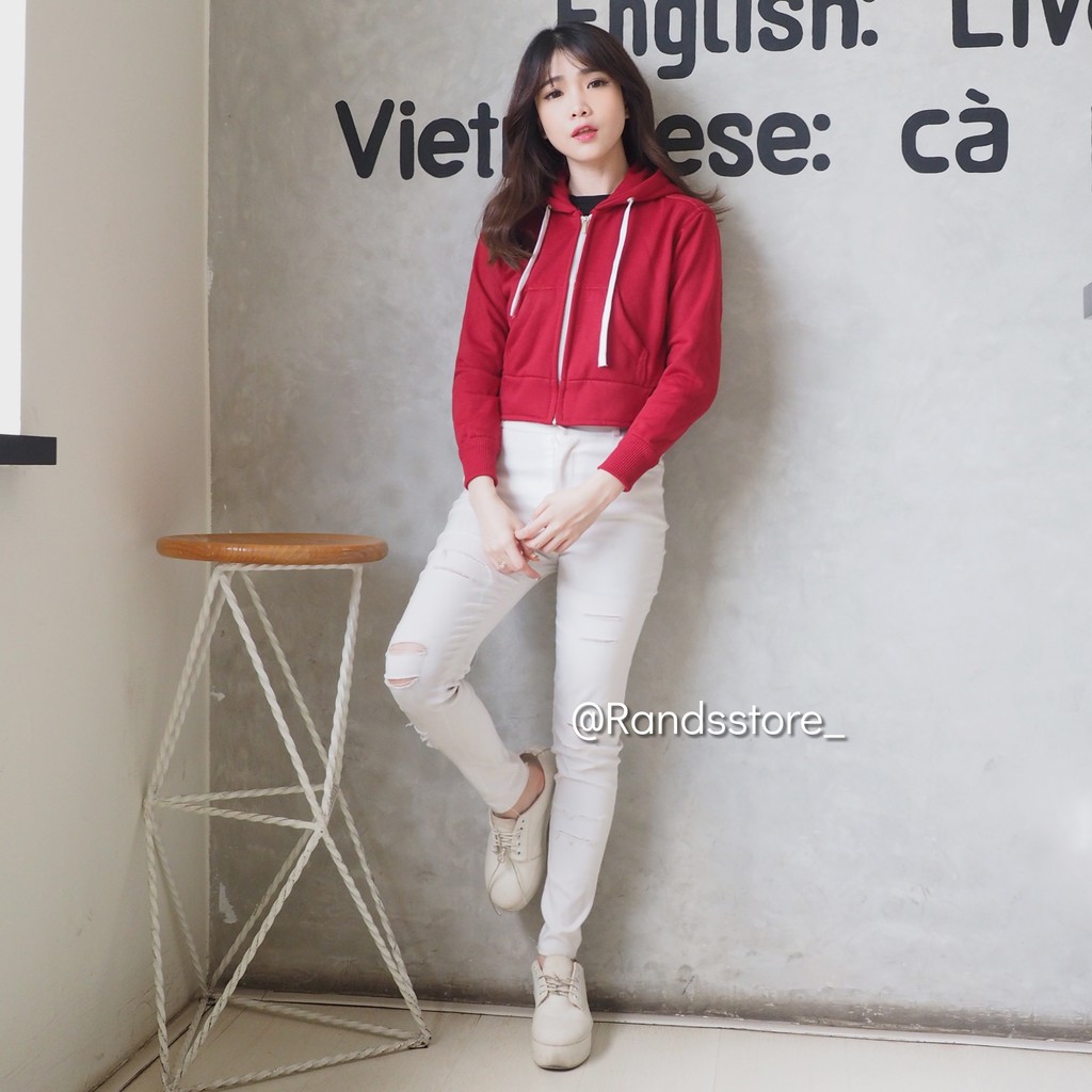 JAKET HOODIE CROP ZIPPER MERAH MARUN SIZE S - M / UNISEX / PRIA DAN WANITA / SWEATER POLOS