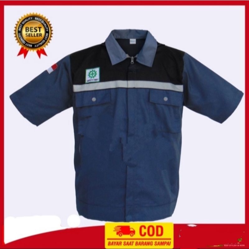 BAJU SERAGAM SAFETY LENGAN PENDEK ABU ABU KOMBINASI HITAM RESLETING