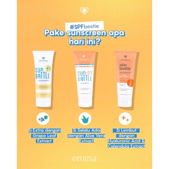 Emina Sunscreen Sun Battle SPF 30 / Sun Battle SPF 45 / Skin Buddy SPF 30