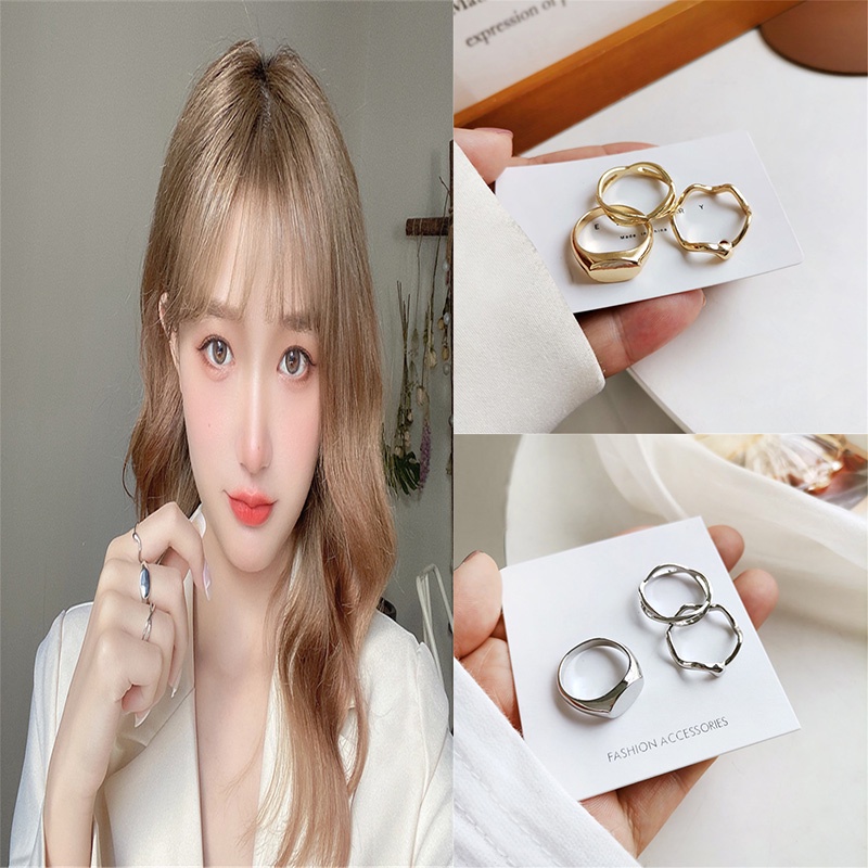 3pcsset Cincin Jari Telunjuk Desain Geometri Asimetris Gaya Simple Untuk Wanita