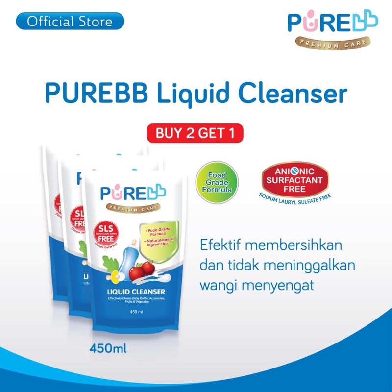 Purebb Liquid Cleanser 450 ml Paket Combo ( Buy 2 get 1free )- Cairan pencuci botol bayi