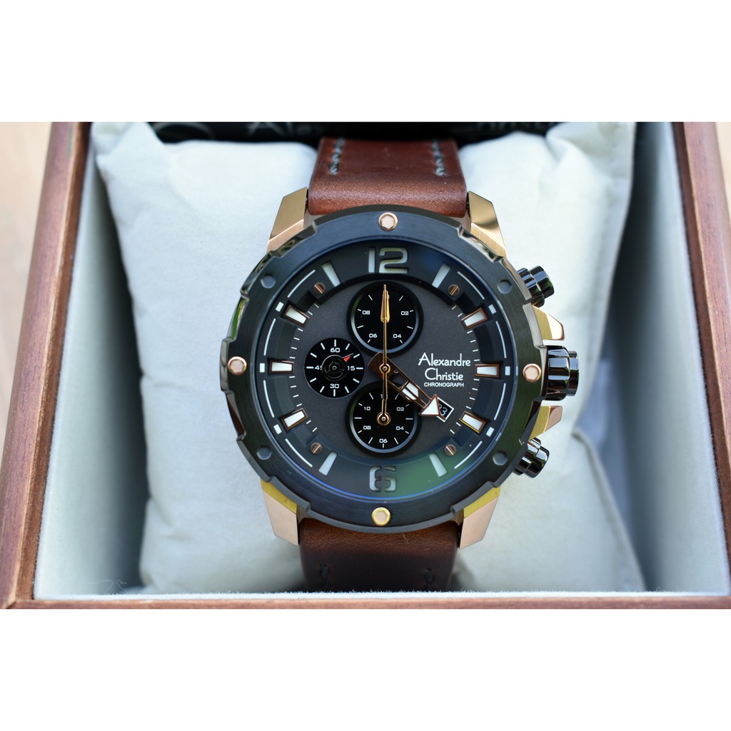 Jam Tangan Alexandre Christie AC6410 Cowok Pria AC 6410 MC Rosegold Brown Leather