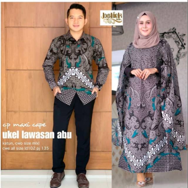 COUPLE MAXI CAPE MOTIF UKEL LAWASAN ABU BATIK MURAH BAJU KONDANGAN SIMPLE
