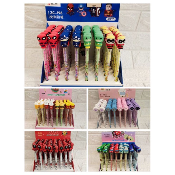 

PENSIL CABUT/PINSIL BENSIA KARAKTER SUPERHERO,SQUID GAME,HAMBURGER,CARS,KAKI