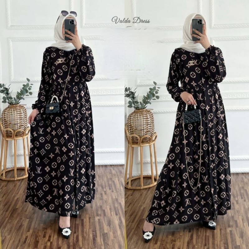 Orimoza Amarta gamis muslim rayon motif busui-LV VALDA BLAC LD106